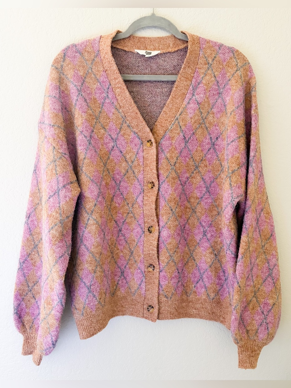 Ascot & Hart Brown Pink Argyle Oversize Cardigan